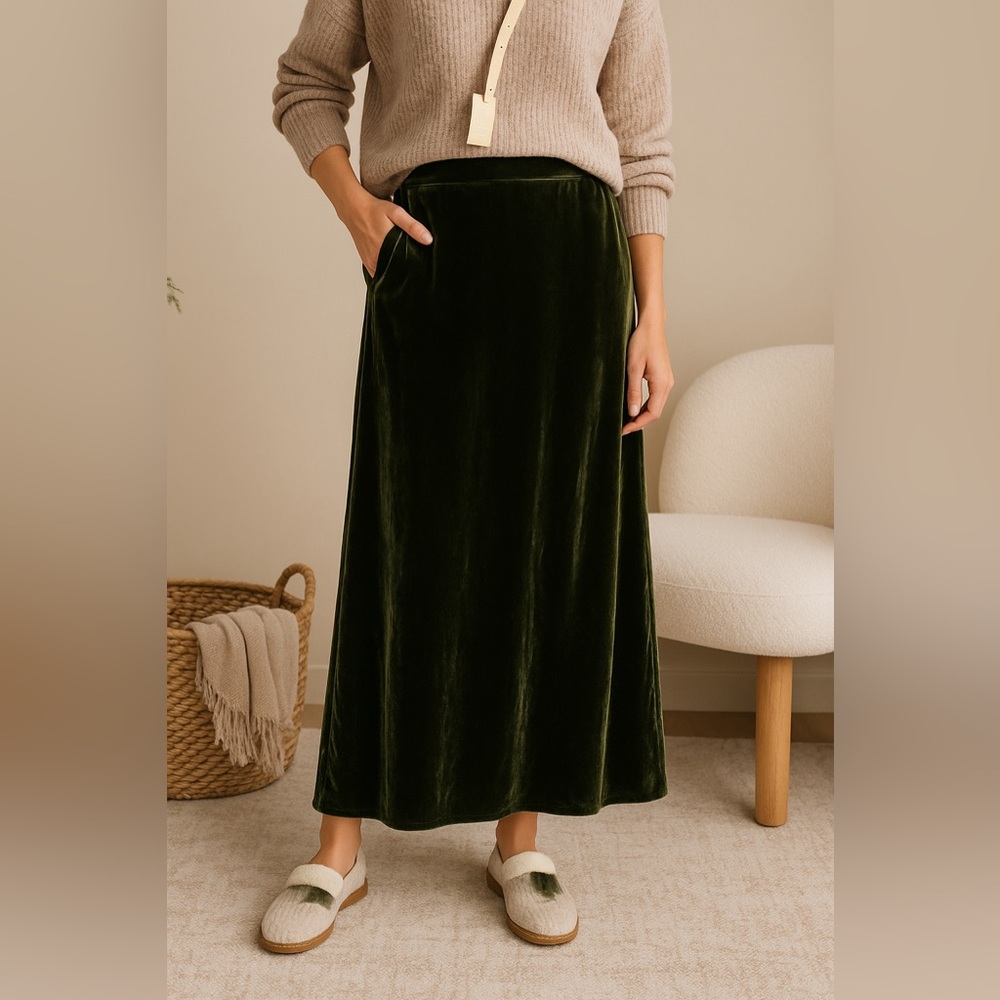 Anthropologie Dark Green Velvet Maxi Skirt
